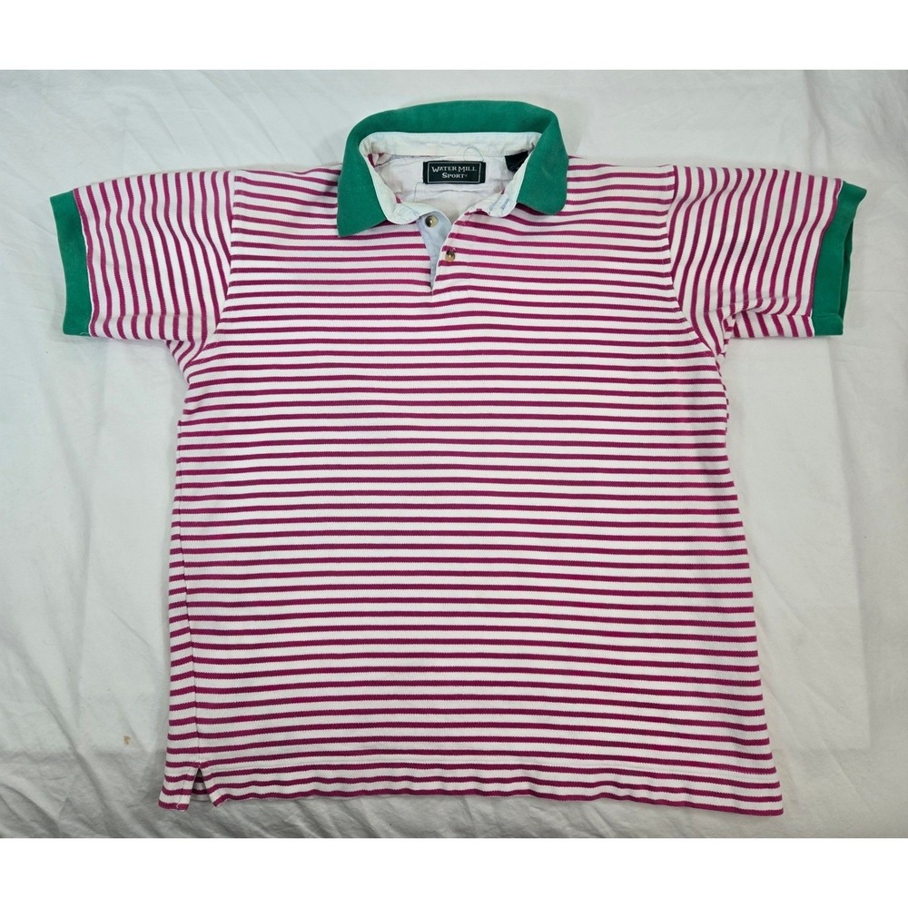 Vint 90s Water Mill Sport Polo Shirt Mens M Pink Green Striped Boxy Grandpacore - Picture 8 of 10